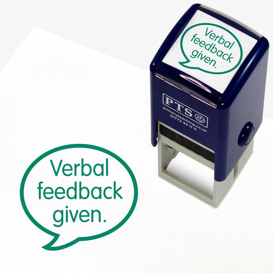 Green 25mm pre-inked stamper featuring a speech bubble with the text 'Verbal feedback given.' central to it.