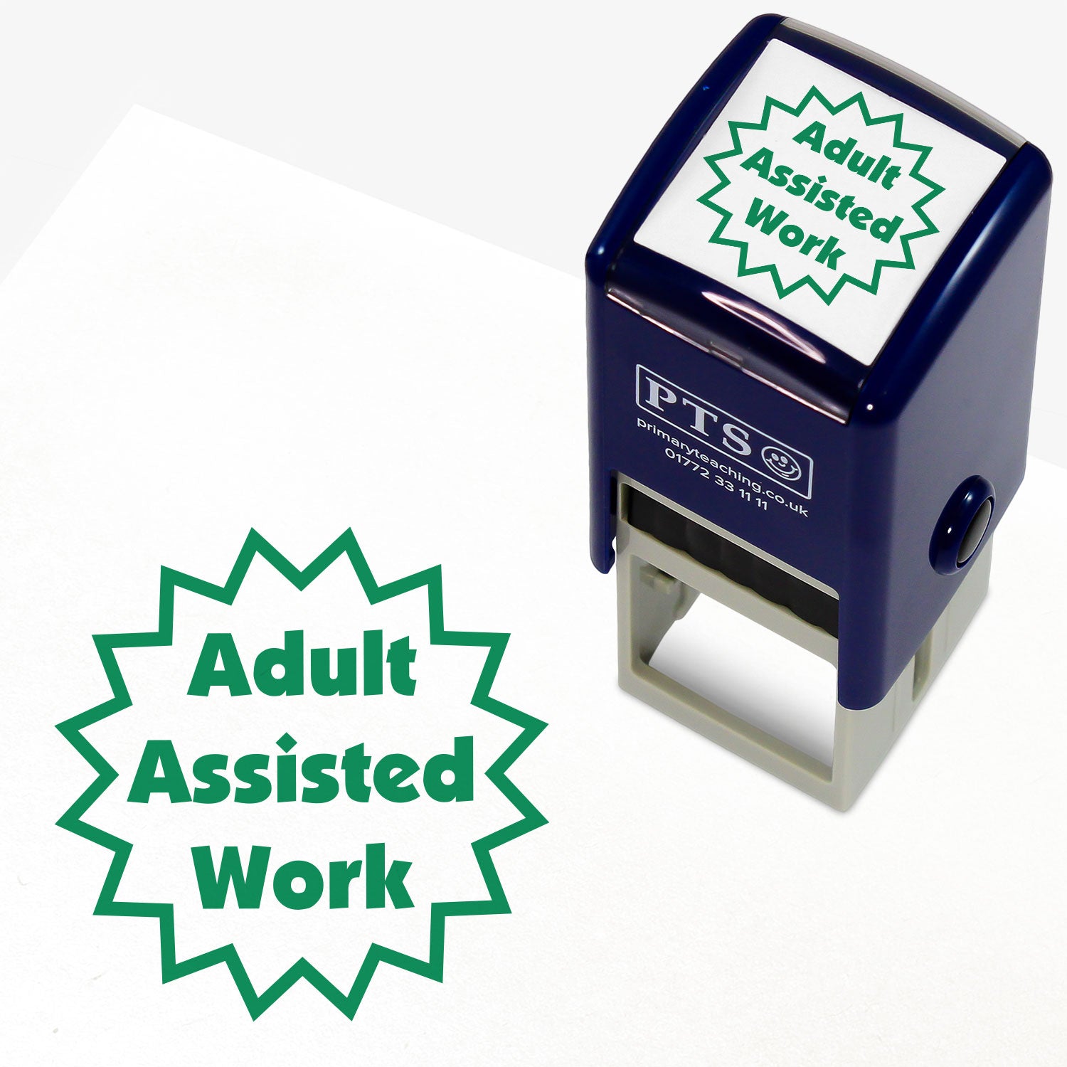 25mm self-inking stamper with green ink.  The stamp impression text 'Adult Assisted Work' within a flash border