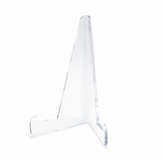 Clear acrylic A-frame display stand on a white background