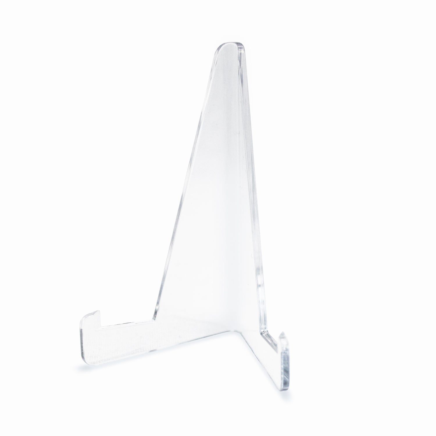 Clear acrylic A-frame display stand on a white background