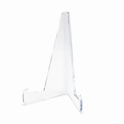 Clear acrylic A-frame display stand on a white background