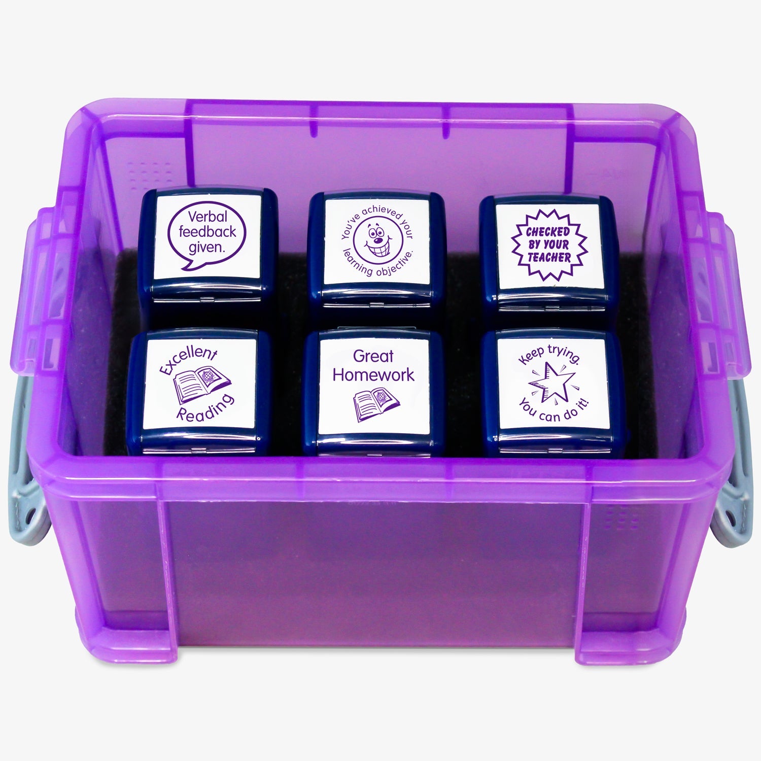 Set of six green 25mm self-inking literacy stampers housed in a purple plastic storage box; stampers include 'Checked by Your Teacher', Keep Trying. You can do it' alongside reading, homework and learning objective stampers.  