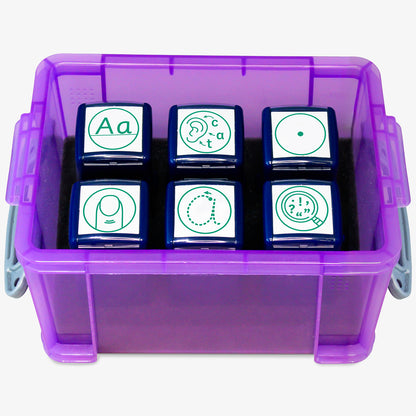A transparent purple storage box containing six green ink teacher stampers with literacy-themed icons. The stamps display various symbols: uppercase and lowercase 'Aa', a face vocalising 'c-a-t', a magnifying glass with punctuation marks, a full stop, a traced lowercase 'a' for handwriting practice, and a vest shape representing personal effort or behaviour. The lid is open and labelled 'PTS Stampers'.