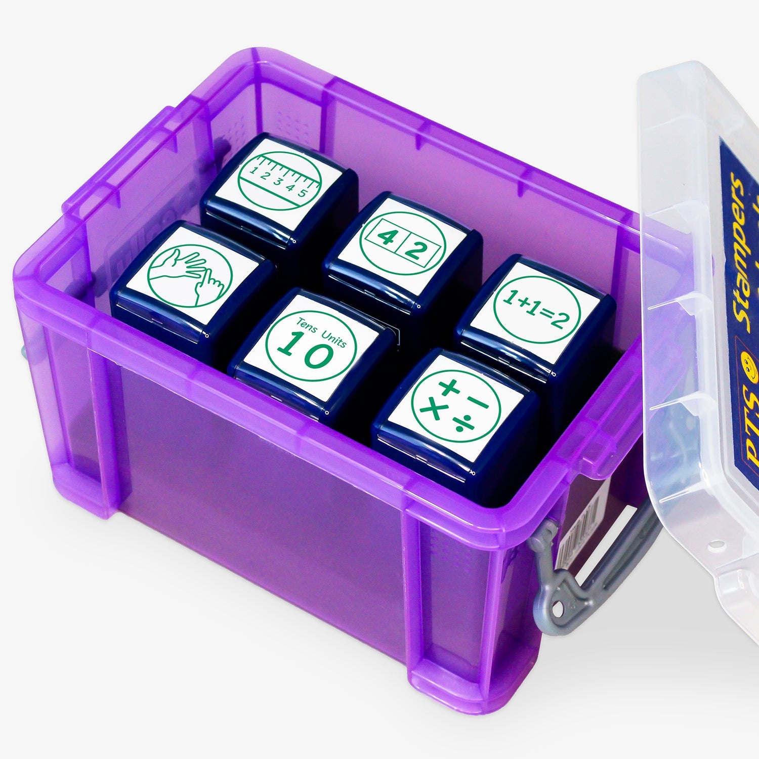 Set of six 25mm pre-inked numeracy stampers in a purple storage box, each featuring distinct green educational icons—number line, place value chart, addition equation, hand signals for counting, tens and units, and mathematical operations—designed to support maths marking and pupil feedback.