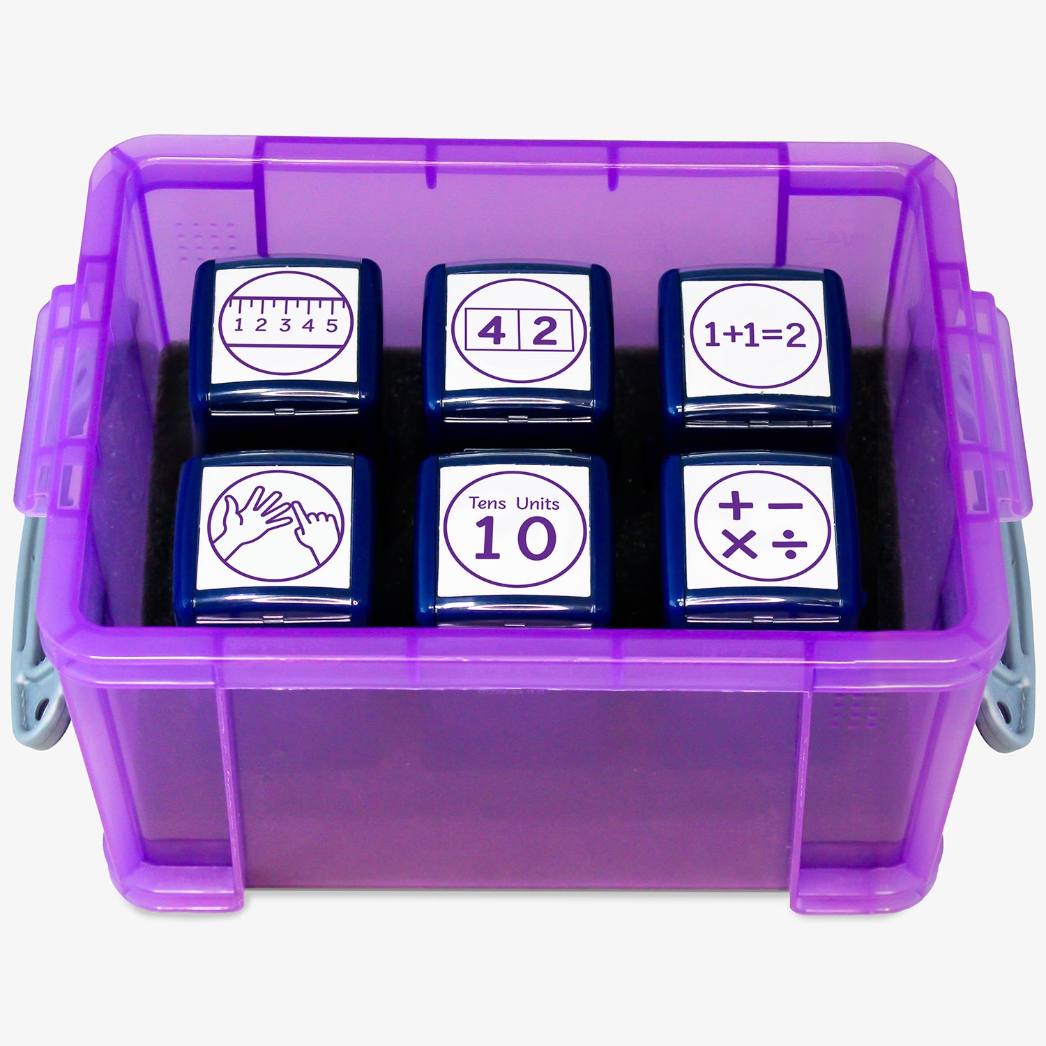 Set of six 25mm pre-inked numeracy stampers in a purple storage box, each featuring distinct purple educational icons—number line, place value chart, addition equation, hand signals for counting, tens and units, and mathematical operations—designed to support maths marking and pupil feedback.