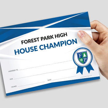 Certificate example of a high school house champion on a grey background