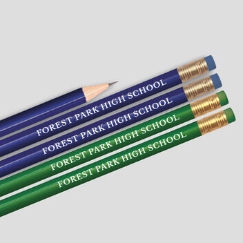 3 blue pencils and 2 green pencils with forest park high school text on the end of the pencil 