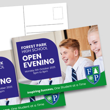 Postcard example of a high school open evening on a grey background