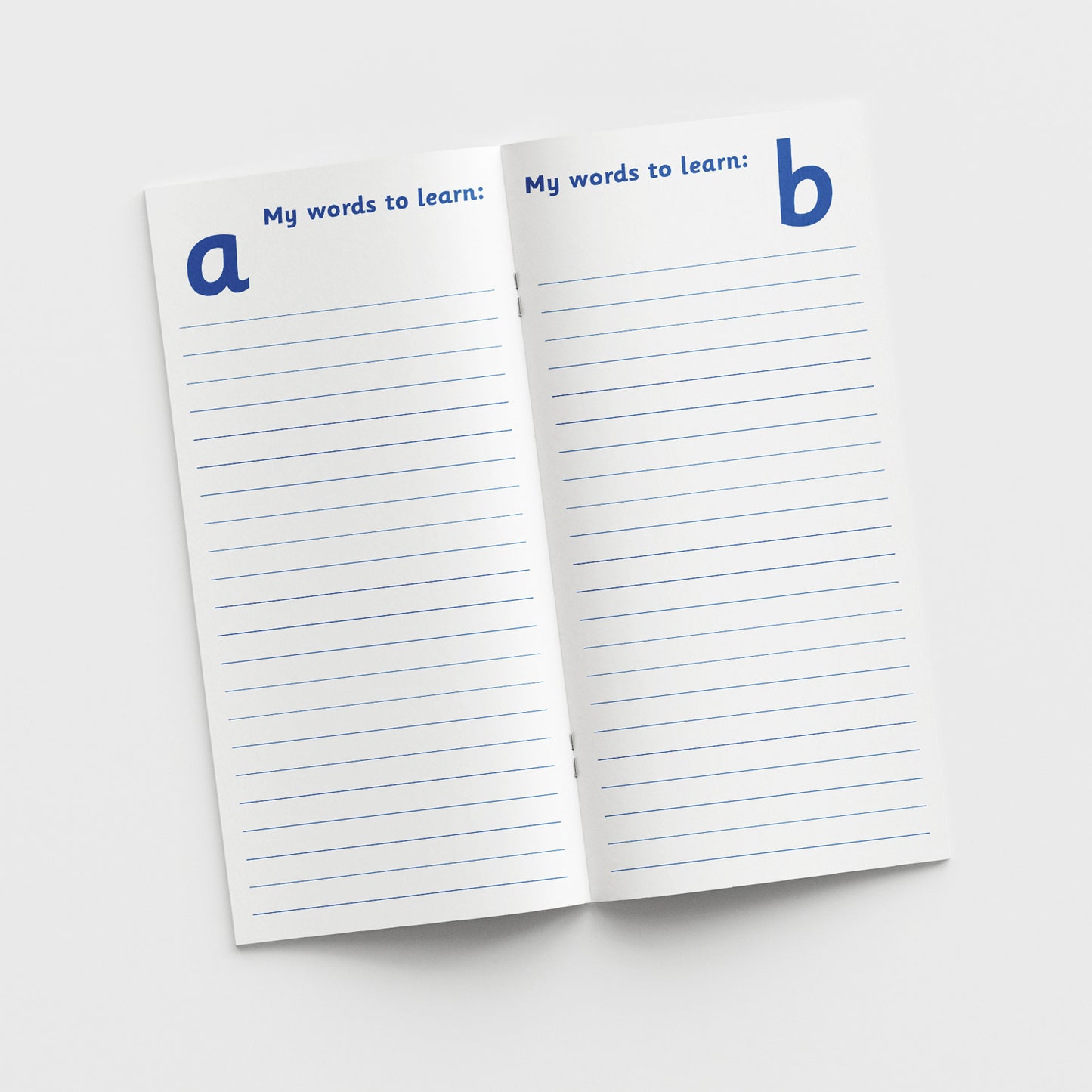 The inside pages showing are titled 'My words to learn:' with lined writing space and the letter 'a' at the top on the left page and the letter 'b' at the top on the right page indicating a section for vocabulary starting with that letter.