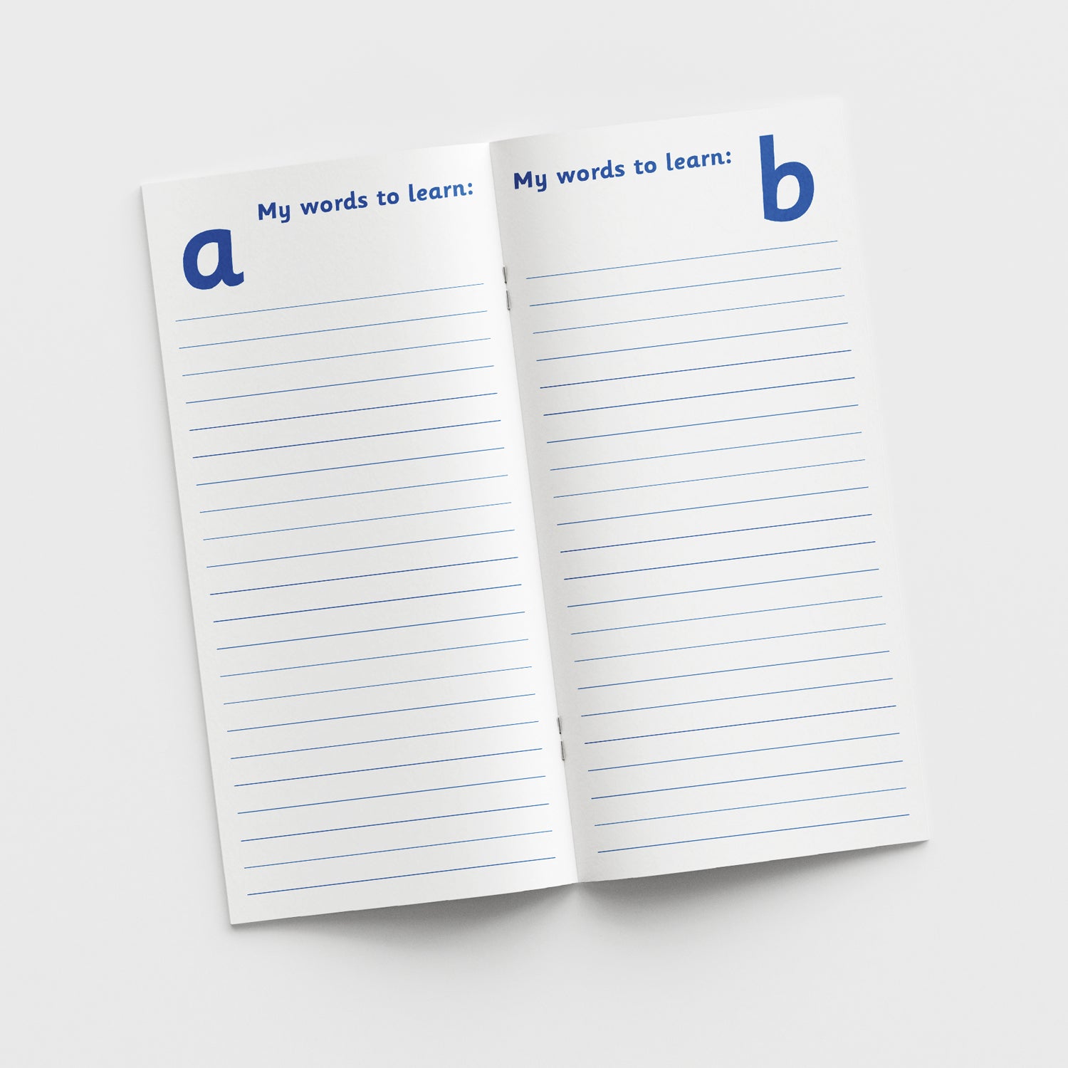 The inside pages showing are titled 'My words to learn:' with lined writing space and the letter 'a' at the top on the left page and the letter 'b' at the top on the right page indicating a section for vocabulary starting with that letter.