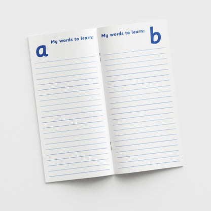 The inside pages showing are titled 'My words to learn:' with lined writing space and the letter 'a' at the top on the left page and the letter 'b' at the top on the right page indicating a section for vocabulary starting with that letter.