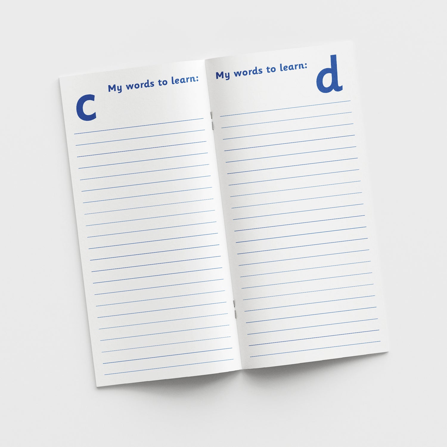 The inside pages showing are titled 'My words to learn:' with lined writing space and the letter 'c' at the top on the left page and the letter 'd' at the top on the right page indicating a section for vocabulary starting with that letter.
