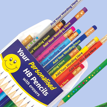 Pack of pencils with add your wording here on them in a variety of colours