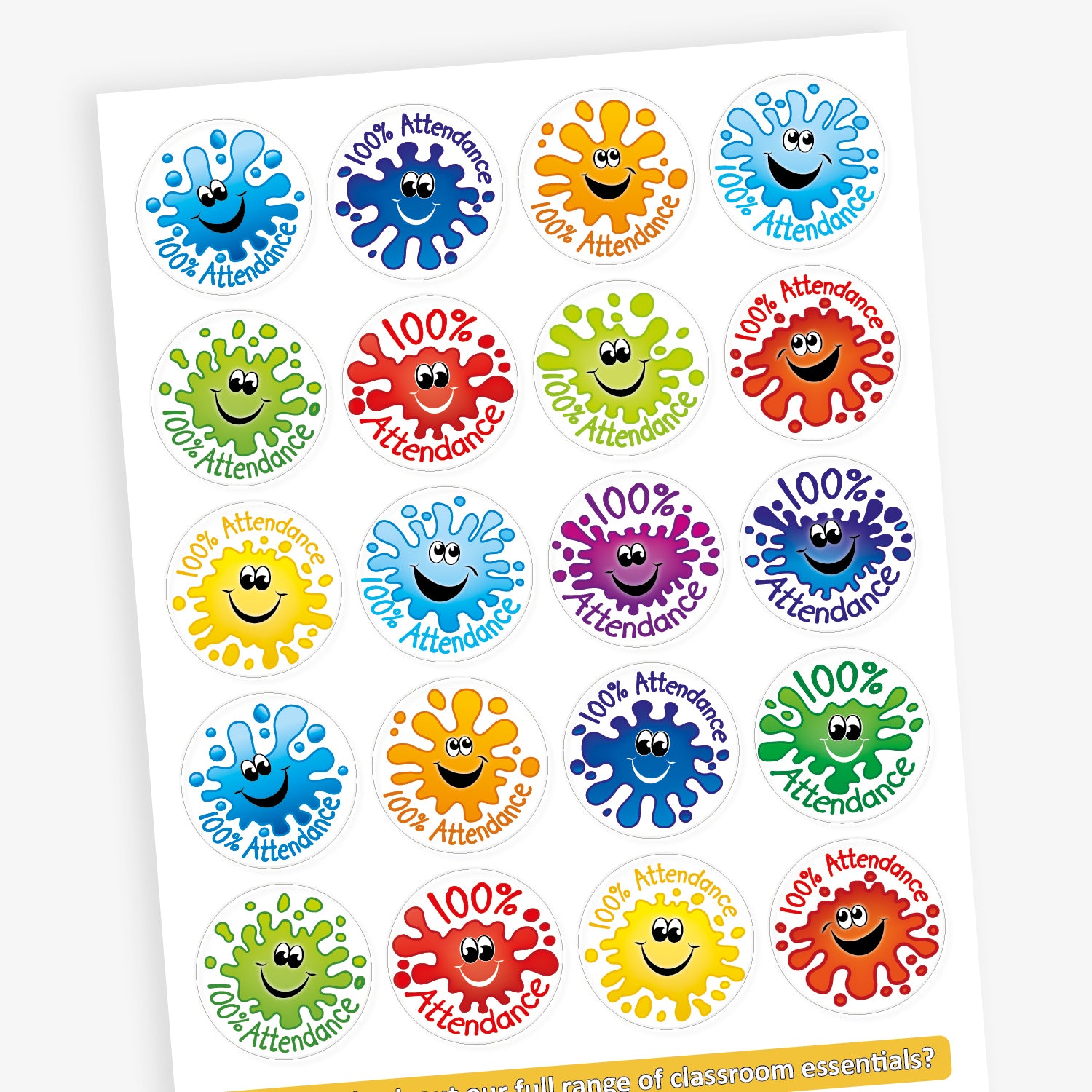 A sheet of 32mm round stickers featuring colourful splash designs in red, blue, green, and orange, each with a smiling face and the text '100% Attendance'. Ideal for rewarding pupils' perfect attendance.