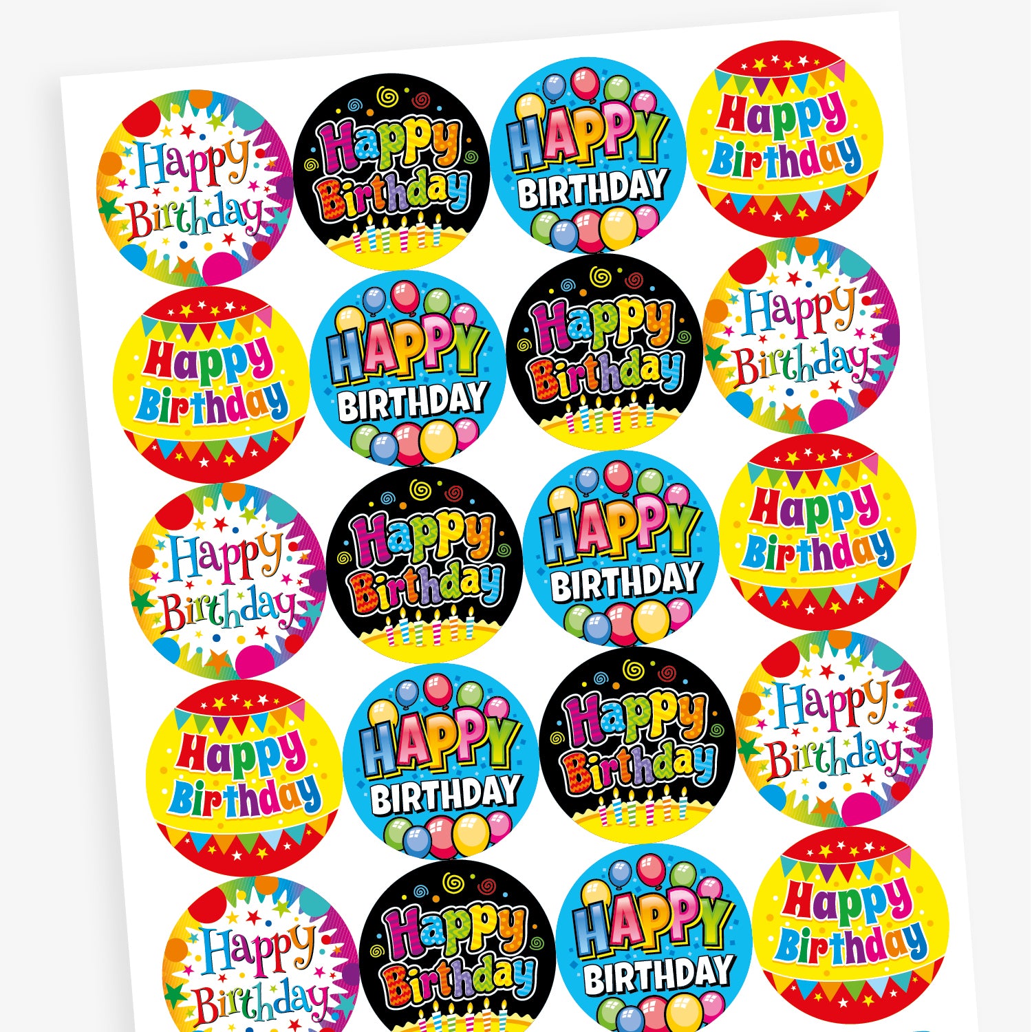 A sheet of circular 'Happy Birthday' stickers featuring various vibrant designs. Each sticker includes colourful text and festive decorations such as balloons, candles, stars, and bunting, with background colours including black, blue, yellow, and multicolour.