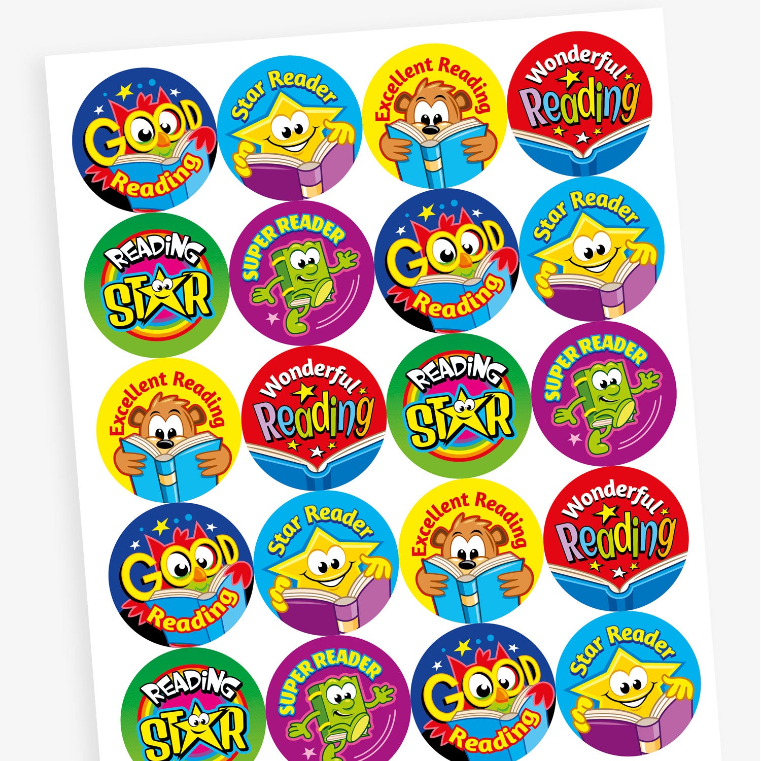 A sheet of 32mm round reading reward stickers featuring vibrant designs with cartoon book characters and phrases such as 'Good Reading', 'Star Reader', 'Excellent Reading', and 'Wonderful Reading'. Each sticker showcases a unique colour scheme and cheerful illustration to encourage young readers