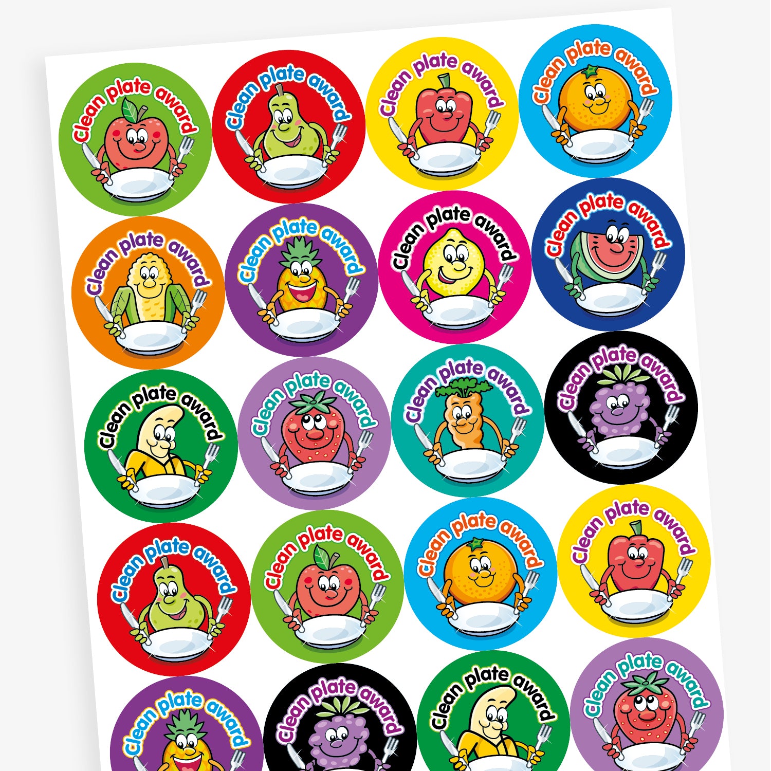 A sheet of colourful circular 'Clean Plate Award' stickers featuring smiling cartoon fruits and vegetables, such as an apple, pear, corn, and pineapple, each holding a knife and fork with an empty plate. Background colours include green, red, orange, and purple.