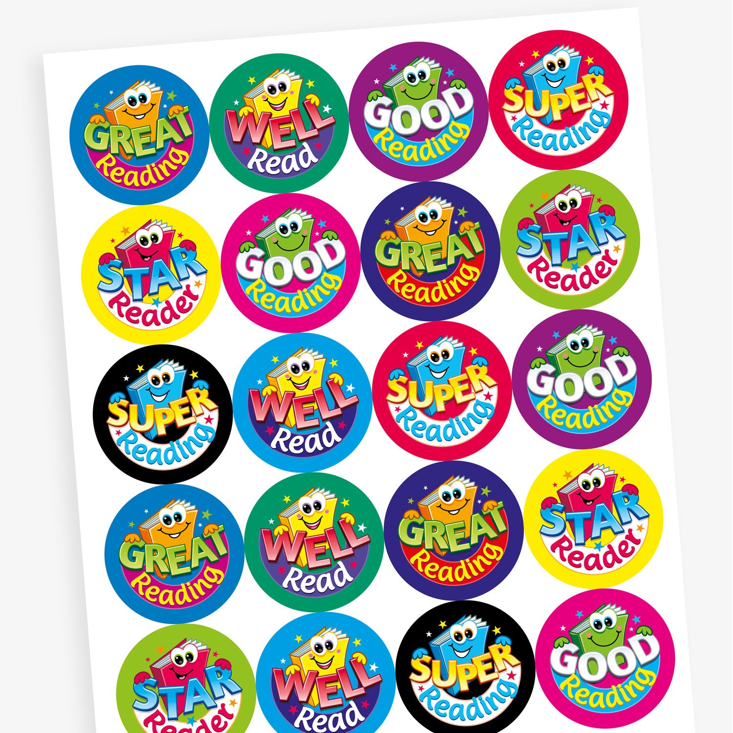Sheet of colourful round reading reward stickers featuring cartoon book characters with smiling faces. Phrases include 'Great Reading', 'Well Read', 'Star Reader', and 'Good Reading', each in bold, playful fonts on vibrant backgrounds such as blue, green, yellow, and pink.