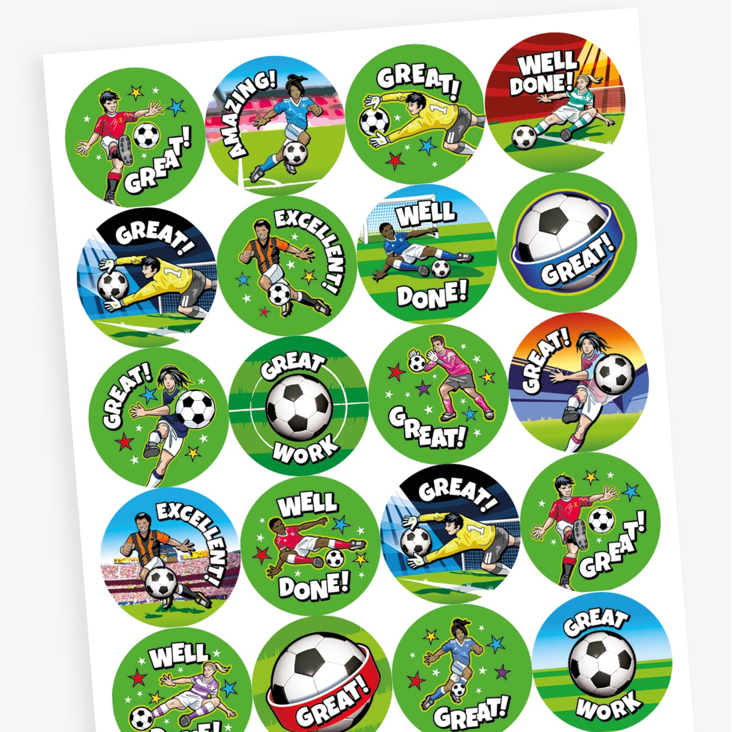 Sheet of 32mm circular stickers featuring graphics of female and male footballers including kicking a fooball to score a goal and a goalkeeper saving a goal, alongside central football images.  Phrases include 'WELL DONE', 'GREAT' and 'AMAZING'