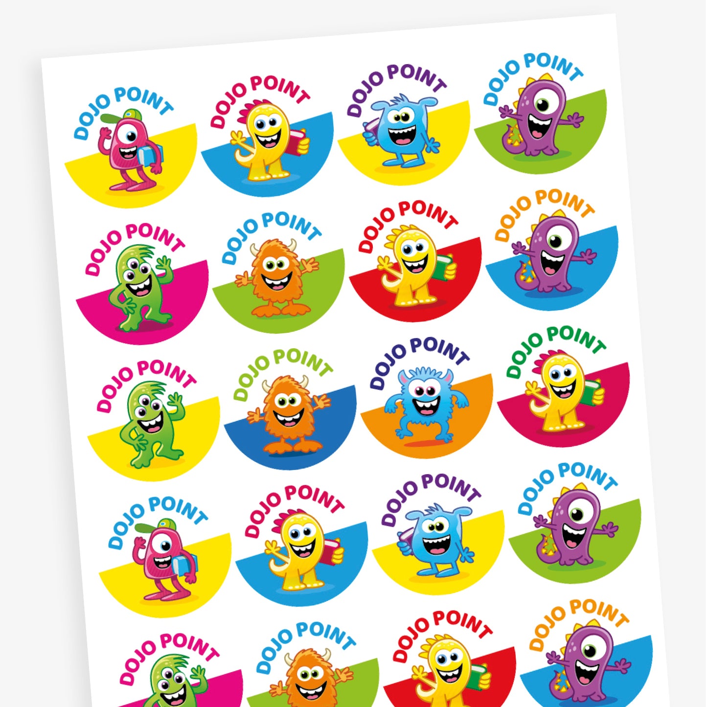 Sheet of 32mm circular stickers.  Each has a colourful monster as a central image, the bottom half of the sticker is a block colour such as yellow, cyan, magenta or green and the top has the phrase 'DOJO POINT'