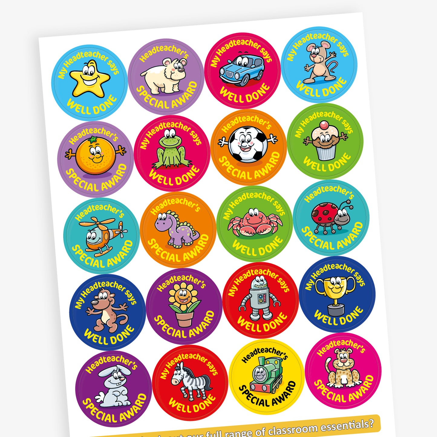 A sheet of colourful circular stickers featuring the phrases 'My Headteacher says WELL DONE' and 'Headteacher’s SPECIAL AWARD.' Each sticker displays a cheerful cartoon character, including a star, hippo, orange, and frog, with varied background colours such as blue, purple, red, and orange.