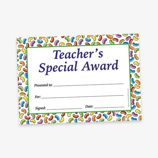 A jellybean scented, 'Teacher’s Special Award' certificate with a white background and a colourful,jellybean covered border in red, yellow, green, and blue. The title 'Teacher’s Special Award' is printed in large purple text at the top. Below, there are blank lines labelled: 'Presented to:', 'For:', 'Signed:', and 'Date:' for personalisation