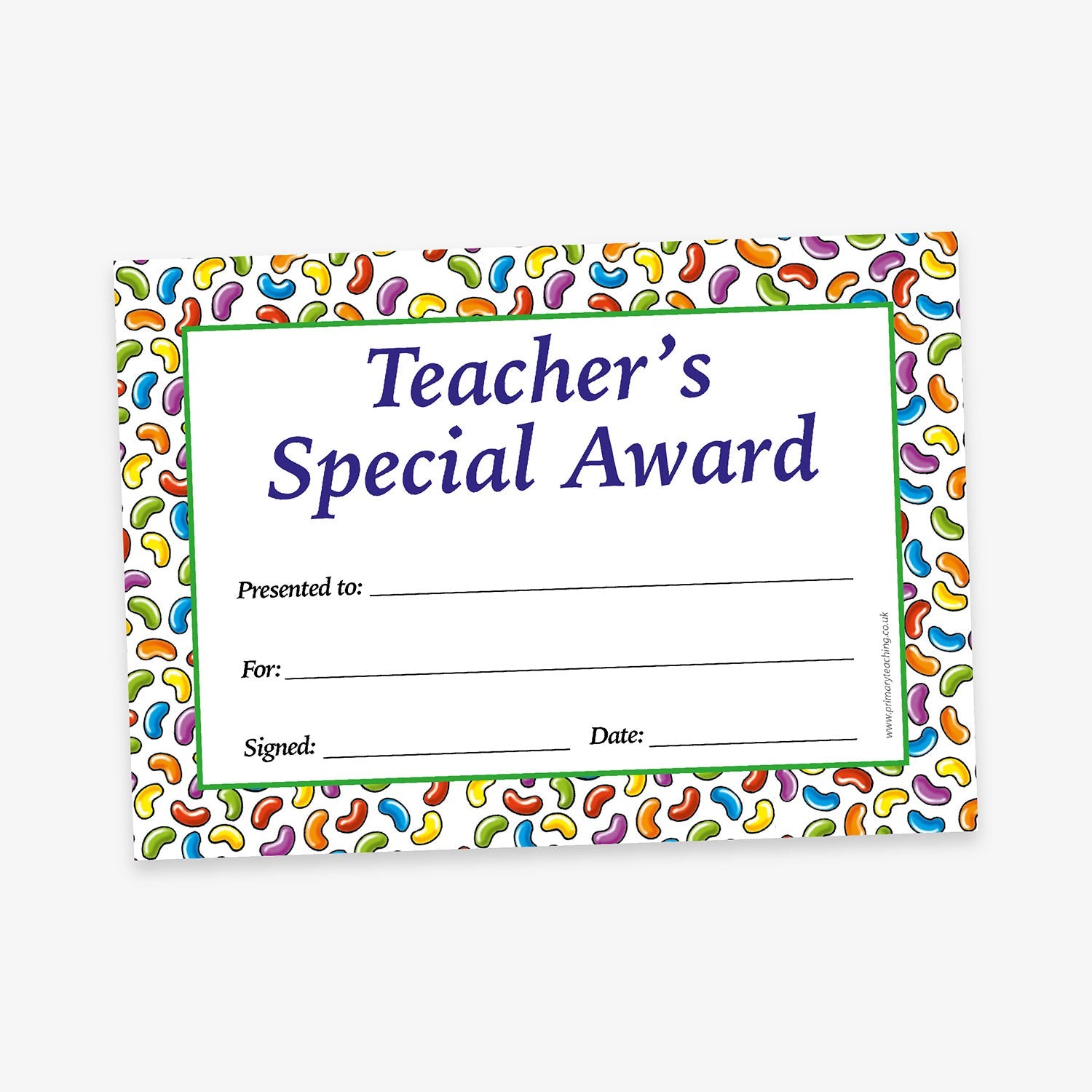 A set of 100 A5-sized scented certificates featuring jellybeans around the border with the phrase 'Teacher's Special Award' with spaces for 'Presented to:', 'For:', 'Signed:' and 'Date'.; each certificate is infused with a pleasant jellybean scent to enhance the reward experience.
