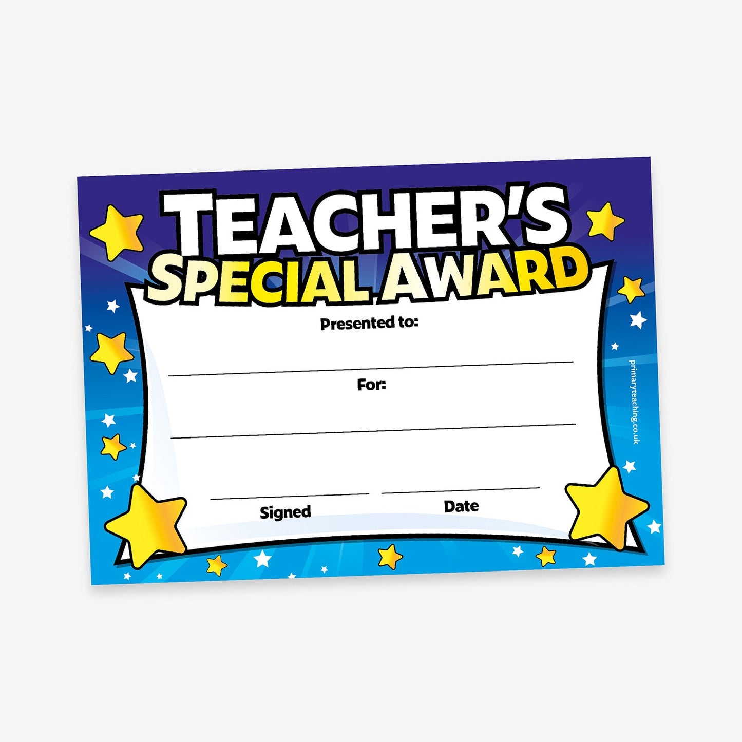 'Teacher’s Special Award' certificate with a blue and purple starry background, bold white and yellow title text, and a large white panel for writing recipient name, reason, date, and signature. Decorated with cartoon yellow stars.