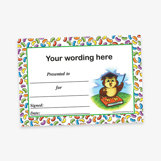 A cheerful award certificate with a white background and a colourful border of multicoloured shapes. At the top, placeholder text reads 'Your wording here'. The certificate includes blank lines for 'Presented to:', 'For:', 'Signed:', and 'Date:'. On the right side, there is a cartoon owl wearing a graduation cap, holding a diploma, and sitting on a red book on a patch of grass.