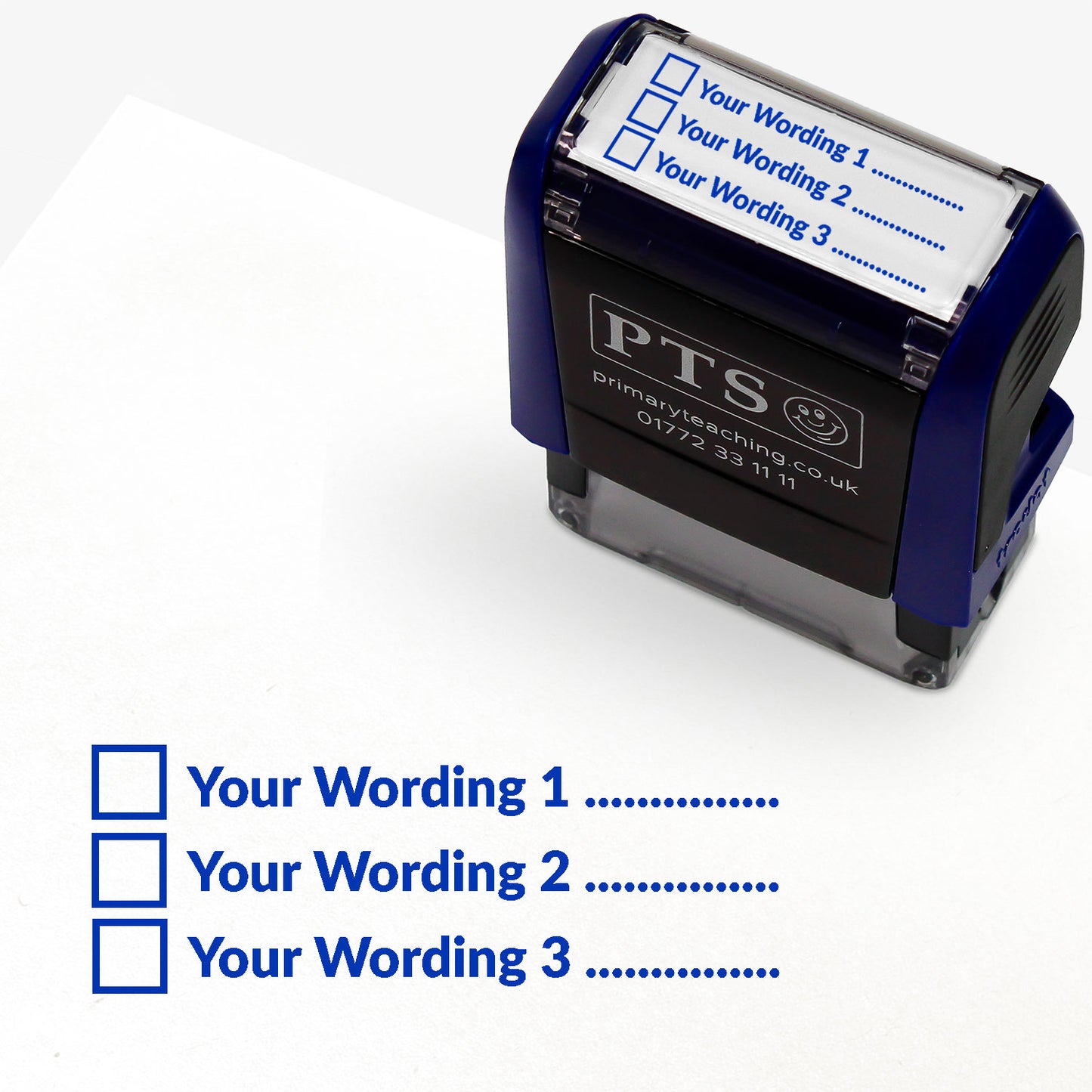 A  self-inking stamp with a customisable label displaying three blue tick boxes, each followed by the placeholder text 'Your Wording 1', 'Your Wording 2', and 'Your Wording 3', printed in blue with dotted lines. 