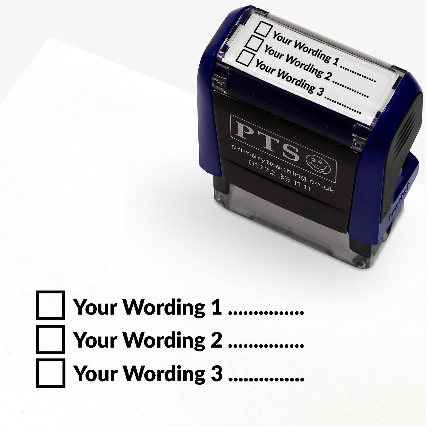 A  self-inking stamp with a customisable label displaying three black tick boxes, each followed by the placeholder text 'Your Wording 1', 'Your Wording 2', and 'Your Wording 3', printed in black with dotted lines. 