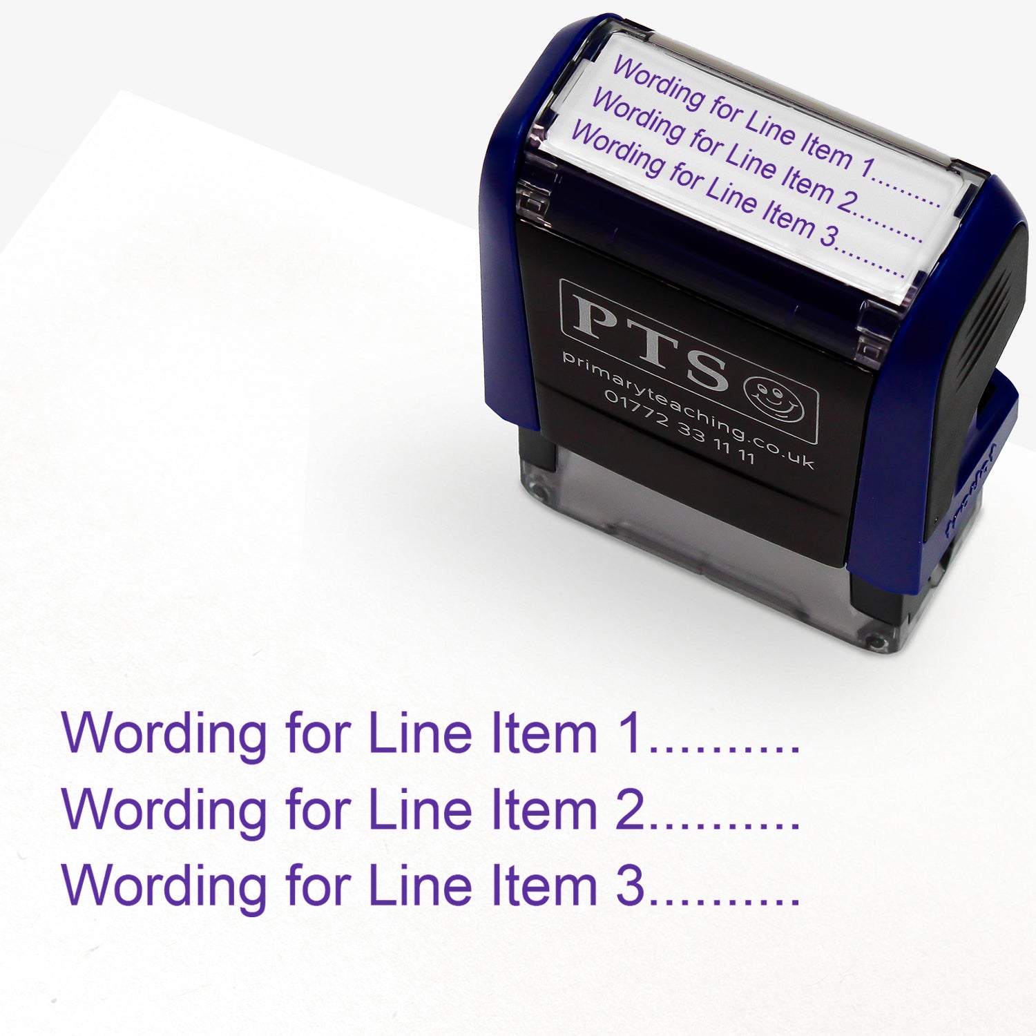 A  self-inking stamp with a customisable label displaying three purple tick boxes, each followed by the placeholder text 'Your Wording 1', 'Your Wording 2', and 'Your Wording 3', printed in purple with dotted lines. 
