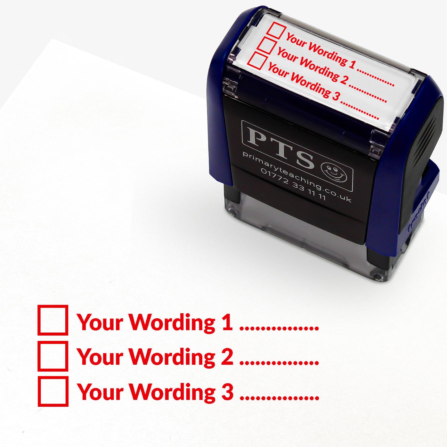 A  self-inking stamp with a customisable label displaying three red tick boxes, each followed by the placeholder text 'Your Wording 1', 'Your Wording 2', and 'Your Wording 3', printed in red with dotted lines. 