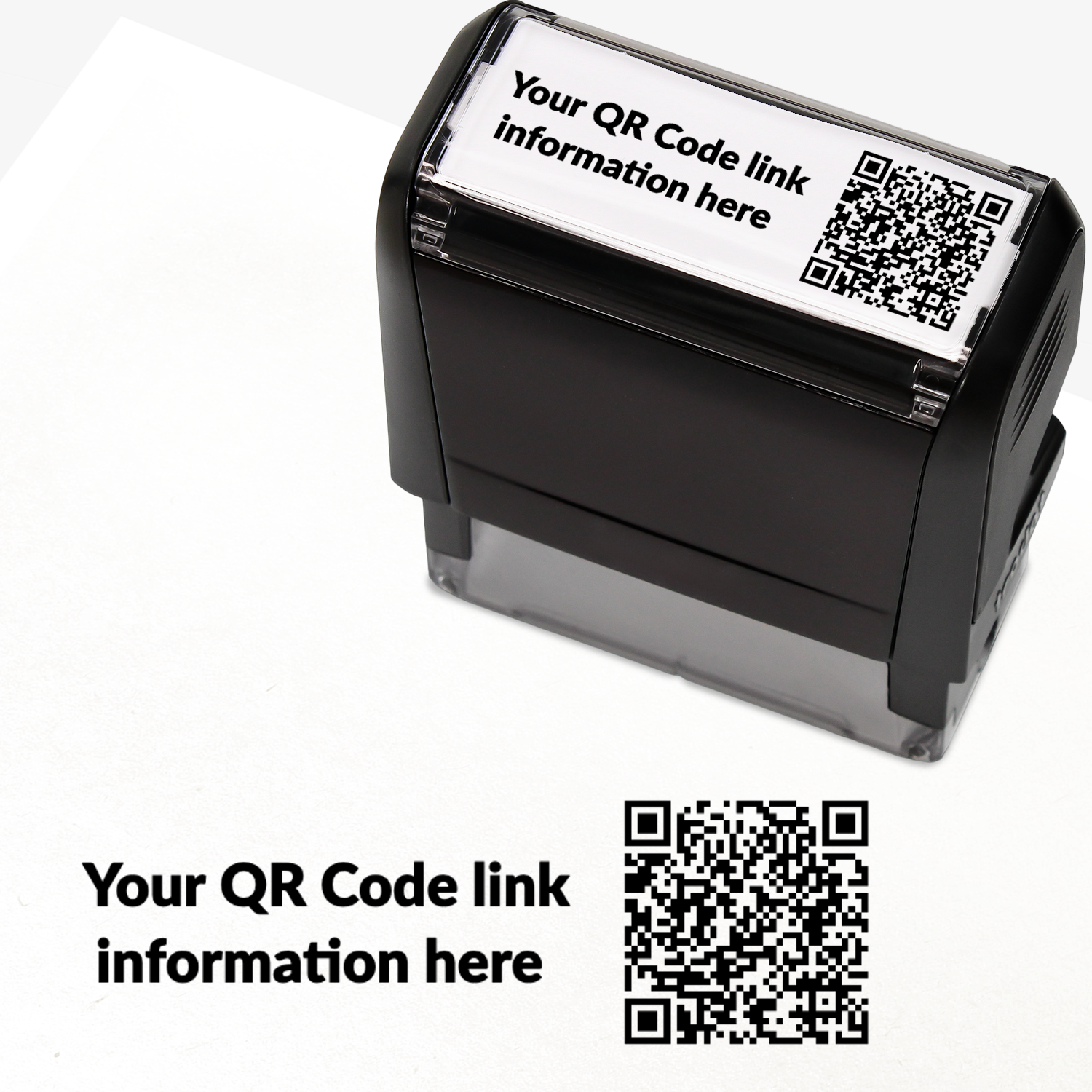 Black stamp with a QR code and text on a white background