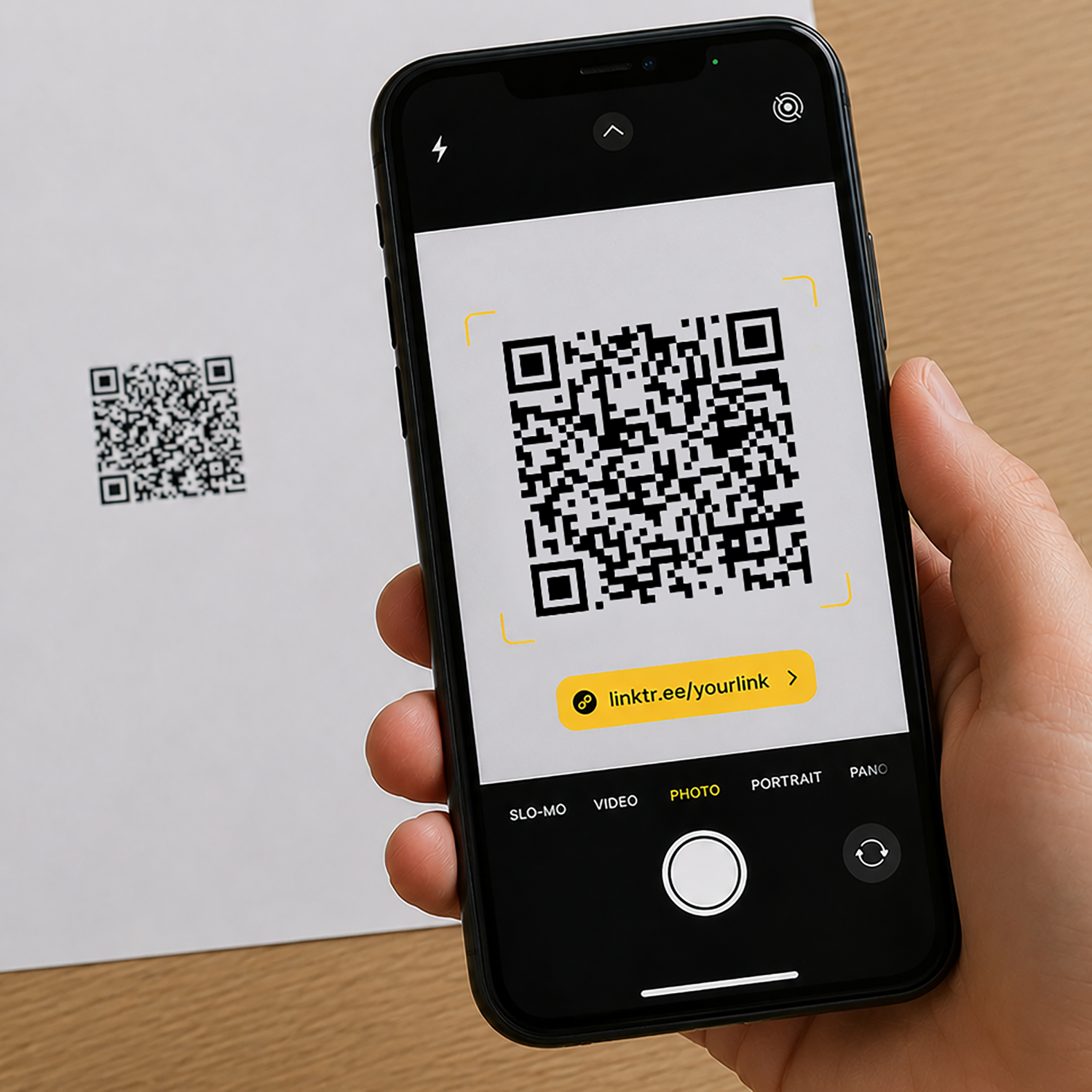 Hand holding a smartphone with a QR code scanner app on a wooden surface