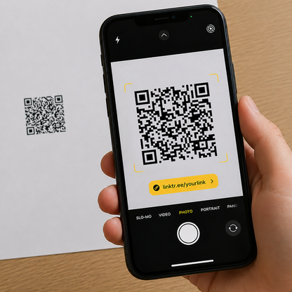 Hand holding a smartphone with a QR code scanner app on a wooden surface