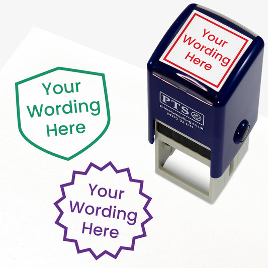 A 25mm pre-inked stamper with three stampers in green, purple and red ink featuring the space for personalisation 'Your Wording Here' in a clear, bold font.