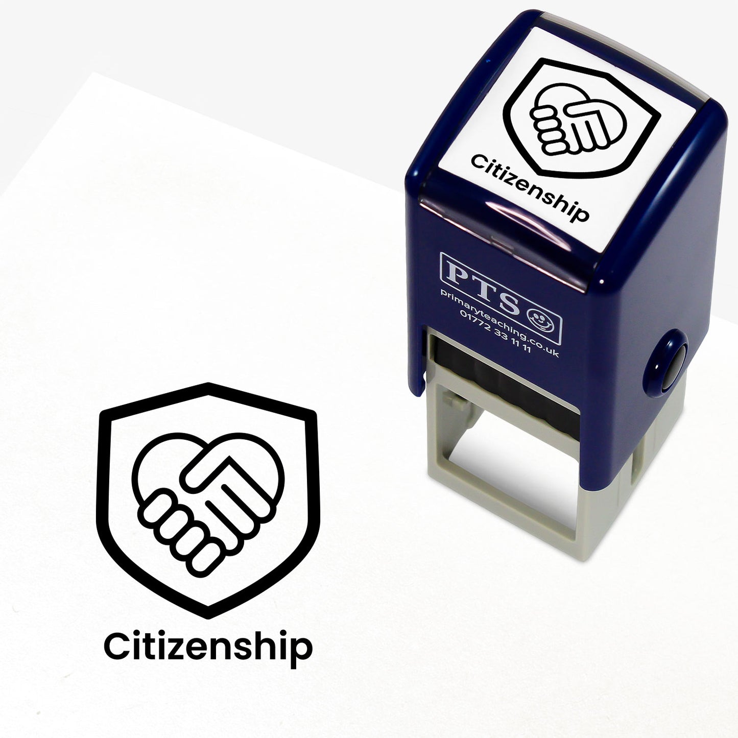 A stamper shown next to a sample stamped image on a white background. The stamp has a black outline of a handshake inside a shield shape, with placeholder text 'Citizenship' on the top panel and below the stamp print.