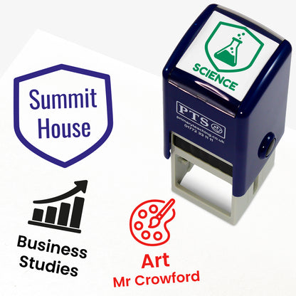 Personalised school subject stamper with interchangeable designs for Science, Business Studies, Art and school houses