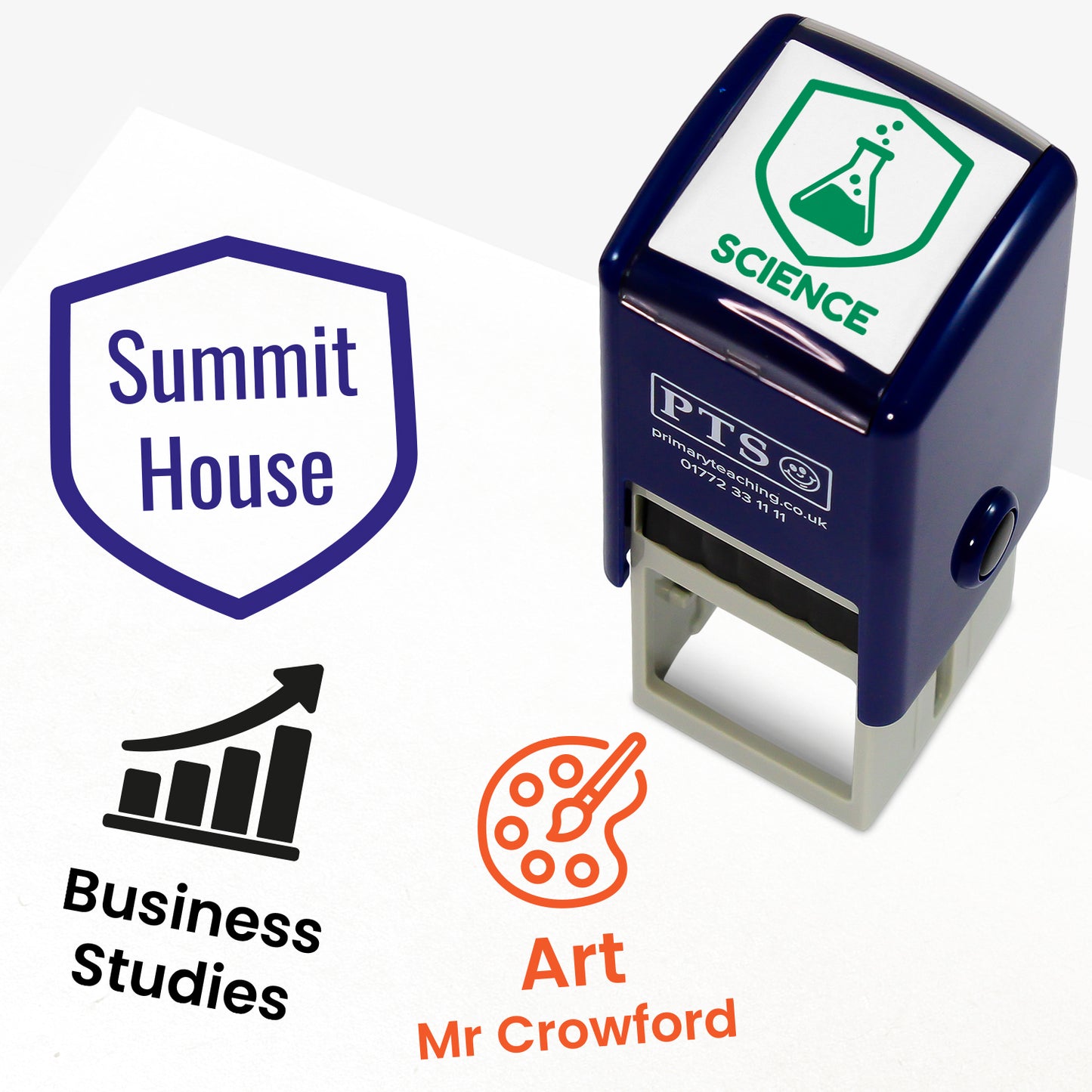 A stamper shown  along with a blue ink crest with 'Summit House' wording, a green ink science wording stamp, a black ink business studies stamp and an orange ink 'Art Mr Crowford' stamp.
