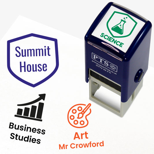 A stamper shown  along with a blue ink crest with 'Summit House' wording, a green ink science wording stamp, a black ink business studies stamp and an orange ink 'Art Mr Crowford' stamp.