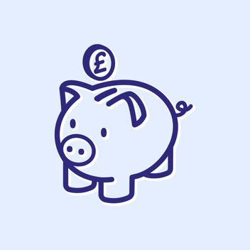 Outline of a piggy bank with a coin on a light purple background