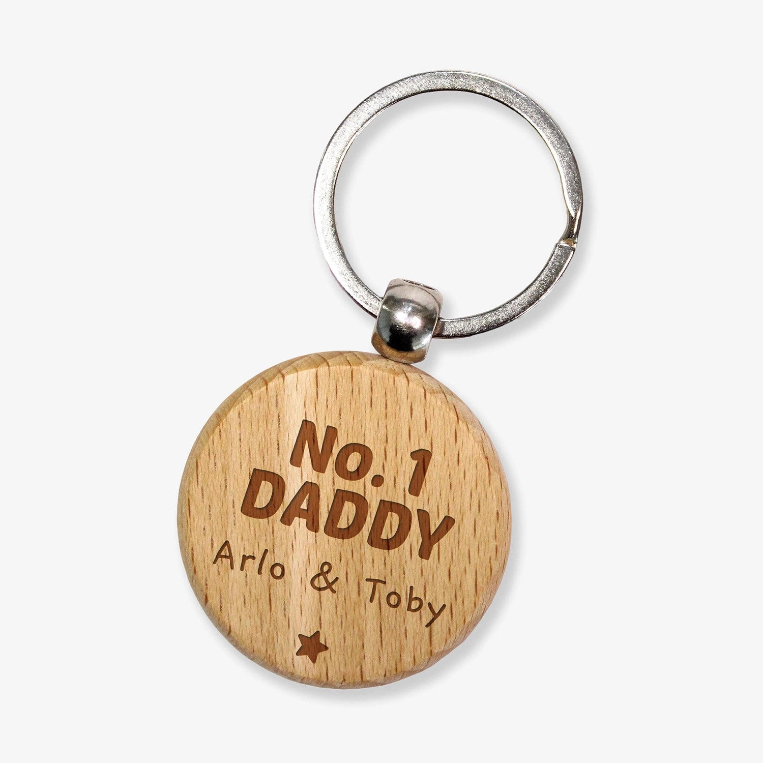 A wooden keyring with the engraved text 'No.1 DADDY Arlo & Toby' along with a small star design.