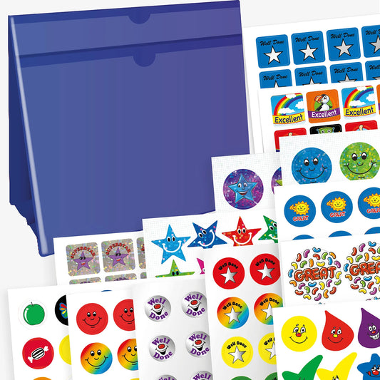Variety pack of colourful reward stickers featuring cheerful designs such as smiley faces, stars, droplets, cartoon suns, and phrases like 'Well Done', 'Excellent', and 'Great', displayed on multiple sticker sheets. Includes blue worksheet holder