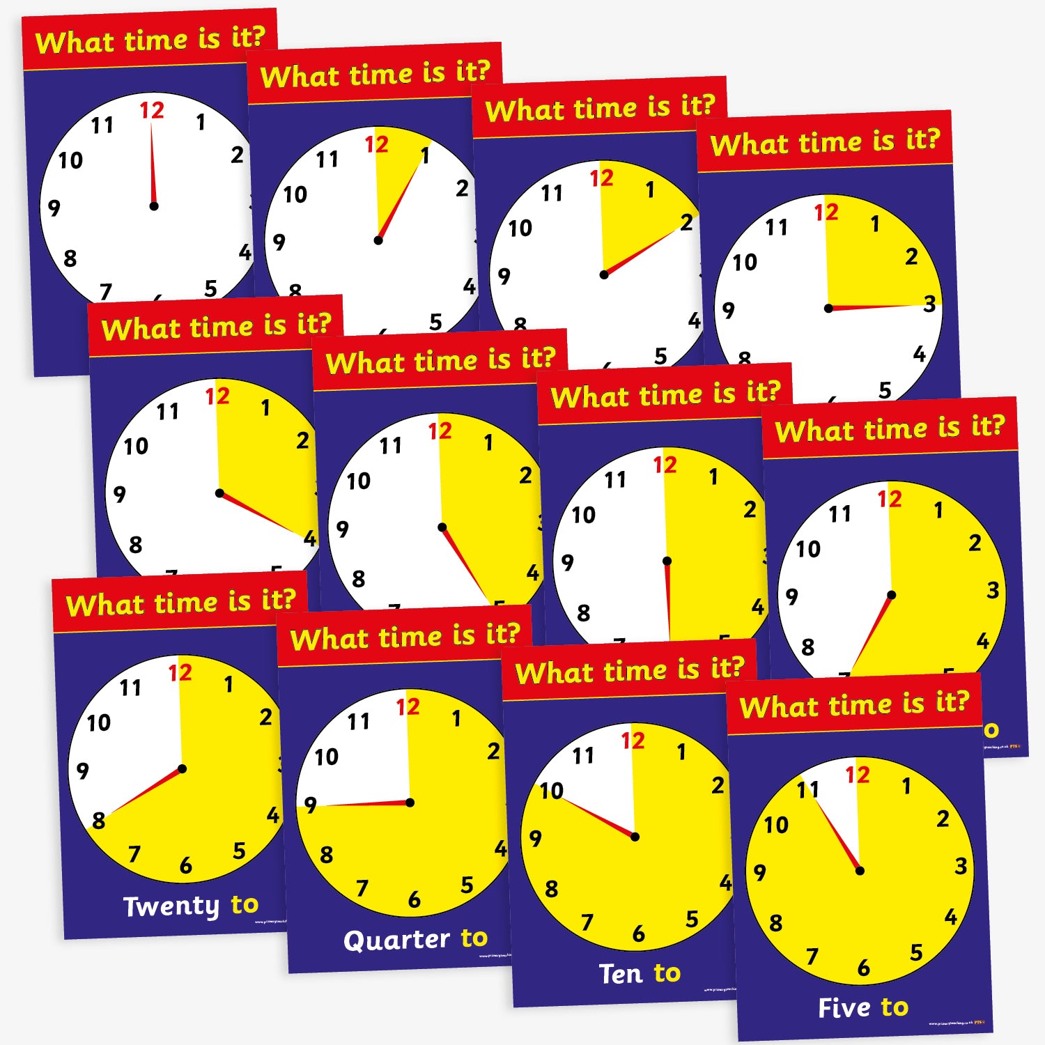 A set of 12 A4-sized educational posters, each displaying an analogue clock face set to a different five-minute interval. The clocks are designed with bold black numbers on a white background, yellow clock faces, and red borders. Each poster features the phrase "What time is it?" at the top in white text on a red banner, with the corresponding time written in words at the bottom, such as "Quarter to" or "Five past.