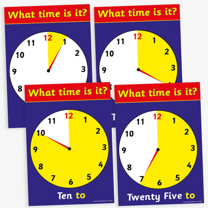 A set of 4 A4-sized educational posters, each displaying an analogue clock face set to a different five-minute interval. The clocks are designed with bold black numbers on a white background, yellow clock faces, and red borders. Each poster features the phrase "What time is it?" at the top in white text on a red banner, with the corresponding time written in words at the bottom, such as "Quarter to" or "Five past.