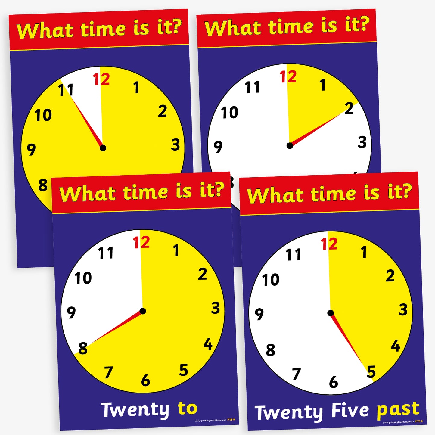 A set of 4 A4-sized educational posters, each displaying an analogue clock face set to a different five-minute interval. The clocks are designed with bold black numbers on a white background, yellow clock faces, and red borders. Each poster features the phrase "What time is it?" at the top in white text on a red banner, with the corresponding time written in words at the bottom, such as "Quarter to" or "Five past.