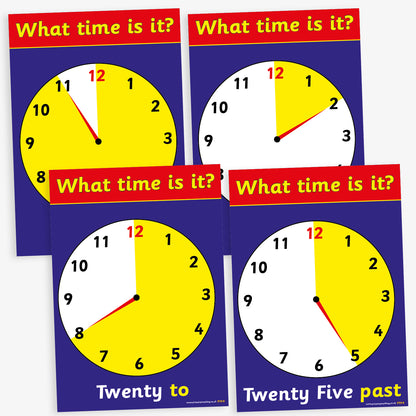A set of 4 A4-sized educational posters, each displaying an analogue clock face set to a different five-minute interval. The clocks are designed with bold black numbers on a white background, yellow clock faces, and red borders. Each poster features the phrase "What time is it?" at the top in white text on a red banner, with the corresponding time written in words at the bottom, such as "Quarter to" or "Five past.
