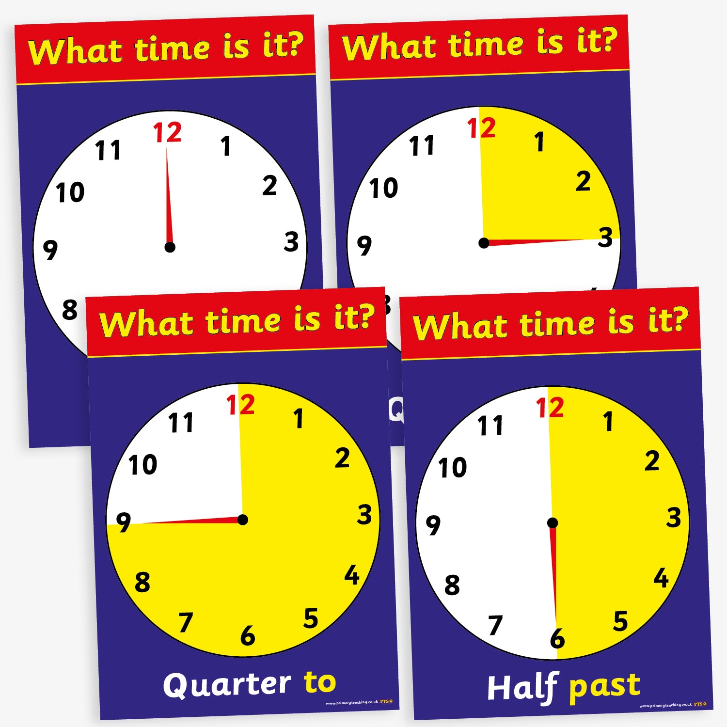 A set of 4 A4-sized educational posters, each displaying an analogue clock face set to a different five-minute interval. The clocks are designed with bold black numbers on a white background, yellow clock faces, and red borders. Each poster features the phrase "What time is it?" at the top in white text on a red banner, with the corresponding time written in words at the bottom, such as "Quarter to" or "Five past.