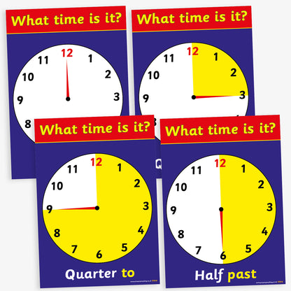 A set of 4 A4-sized educational posters, each displaying an analogue clock face set to a different five-minute interval. The clocks are designed with bold black numbers on a white background, yellow clock faces, and red borders. Each poster features the phrase "What time is it?" at the top in white text on a red banner, with the corresponding time written in words at the bottom, such as "Quarter to" or "Five past.